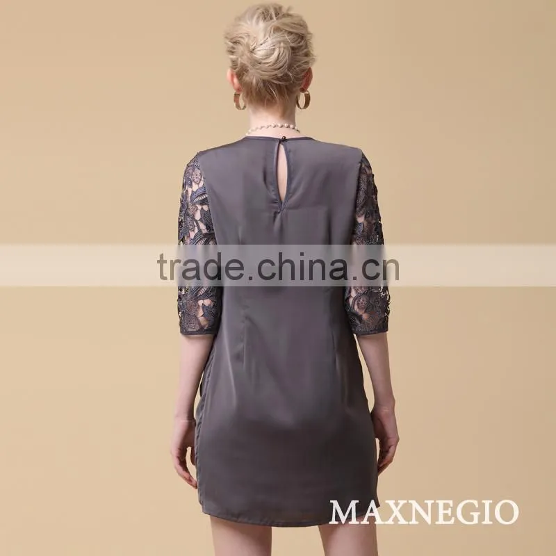 Lady plain dyed embroidered fabric lace short white dress