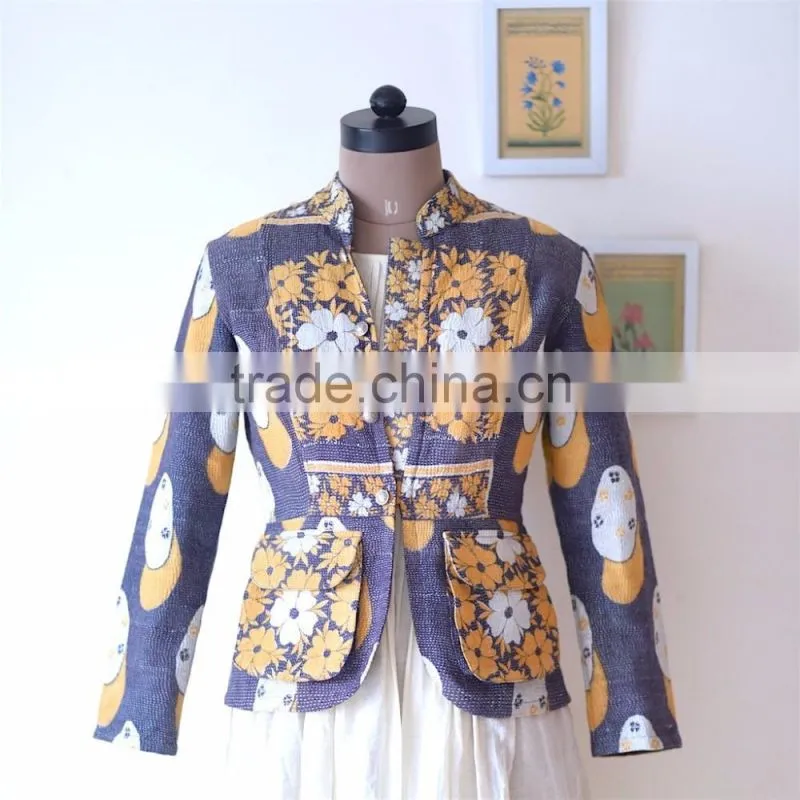 Denim Jacket in Kediyu Style with Vintage Kantha Fabric ~ Medium
