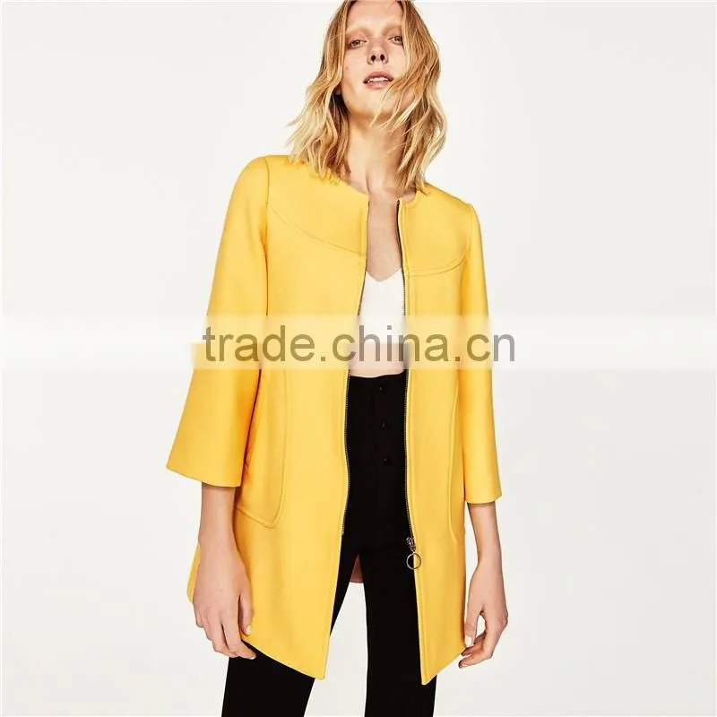 2017 OEM New Style Elegant Thin Pure Color Yellow Spring Autumn Long Coat
