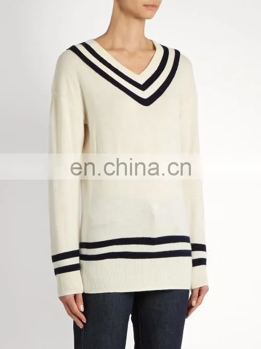 High Quality Varsity V-neck wool and cashmere-blend sweater Fashion Design Women Long Sleeve Sweater