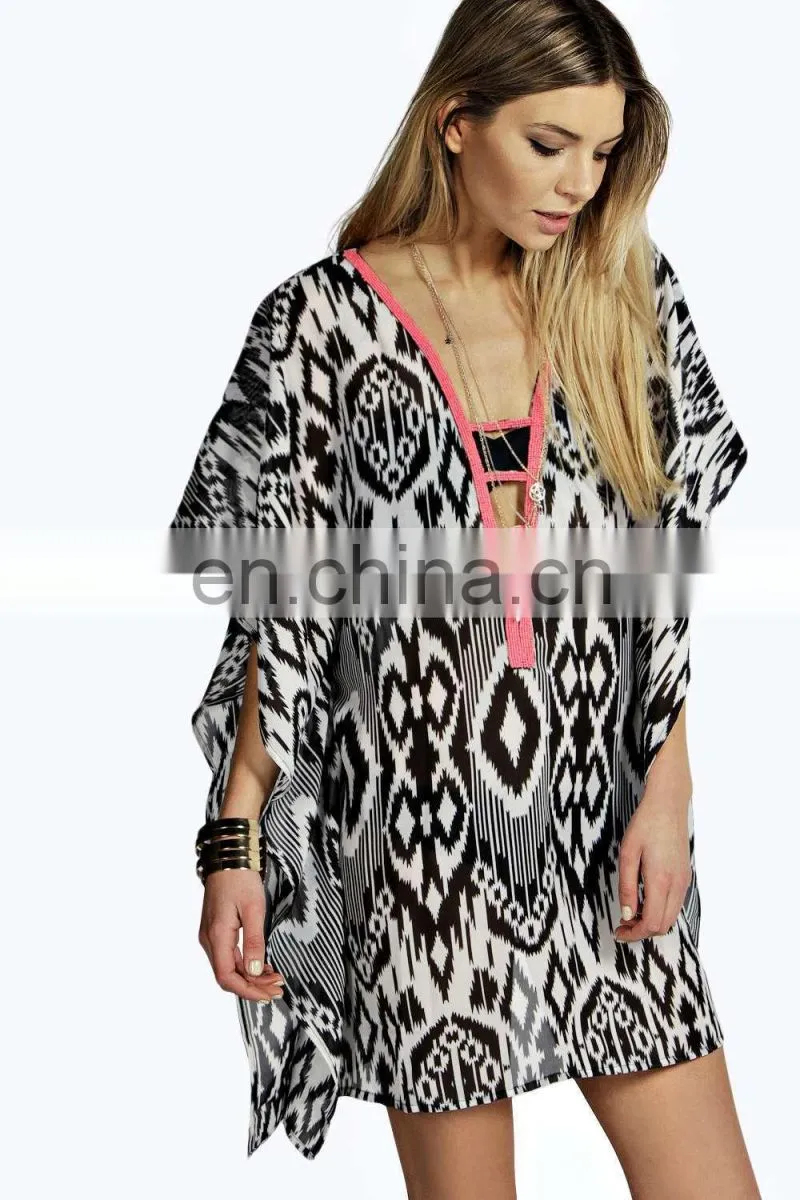 2015 Wholesale Factory Price BEADED NECK PRINTED KAFTAN Slim Embroidered Poncho/ Short Kaftan For Women Summer Wear