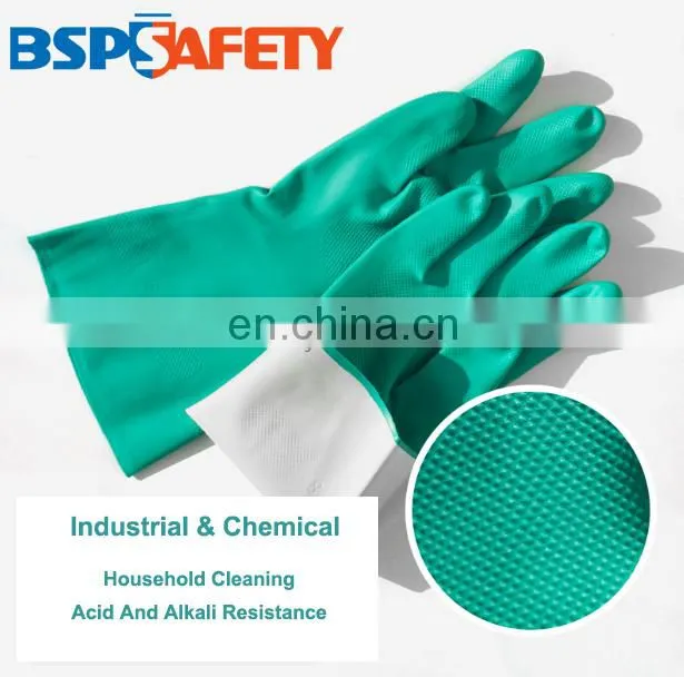 15 mil Long Cuff Flock Lined Green Nitrile Chemical Resistant Gloves for Work Safety