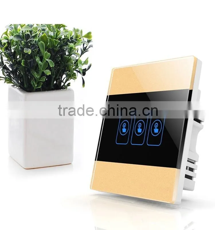 Gold Modern 3 Gang Crystal Glass Panel Touch Universal Smart Home Switch