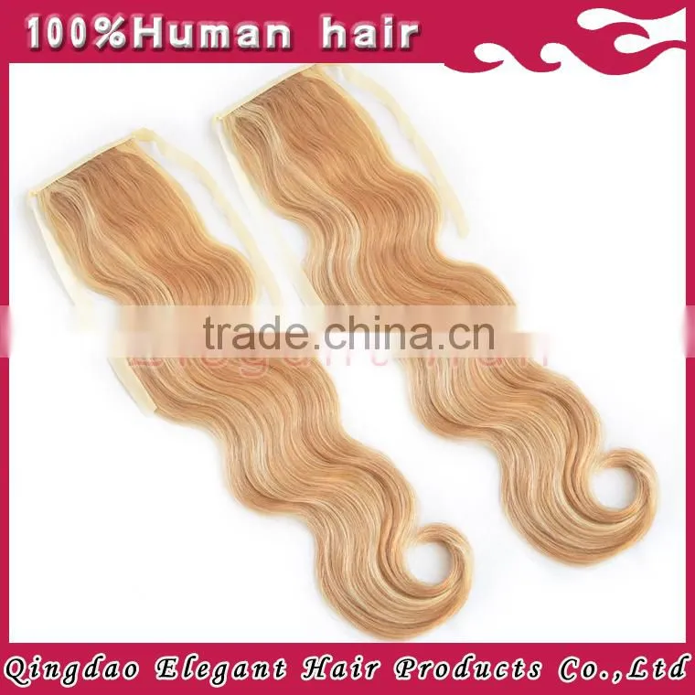 Fashion hair extension two tone highlight color blonde Virgin russian hair ponytail