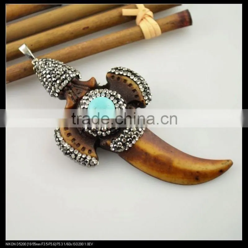 LFD-0093P ~ Wholesale OX / Bull Bone Carved Charm Pendants Necklace Crystal Rhinestone With Turquoise Paved Fashion Jewelry