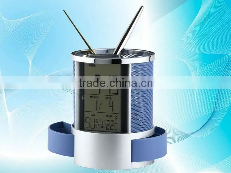 Mesh metal fashion table calendar clock penholder
