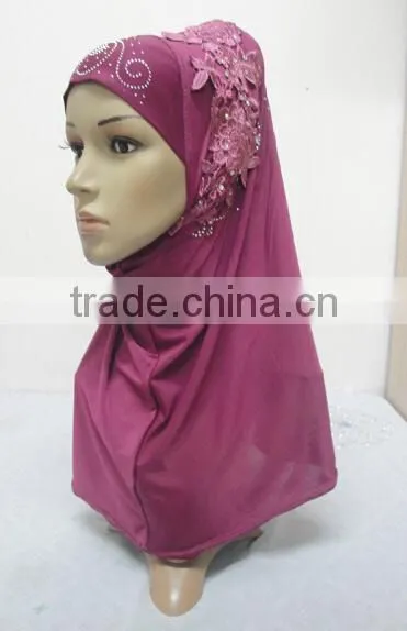H274 latest one piece instant hijab with lace and rhinestones,muslim scarf