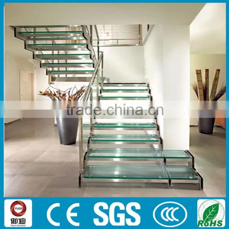 Curved Double stainlees steel stringer stairs with solid wood tread and glass railing
