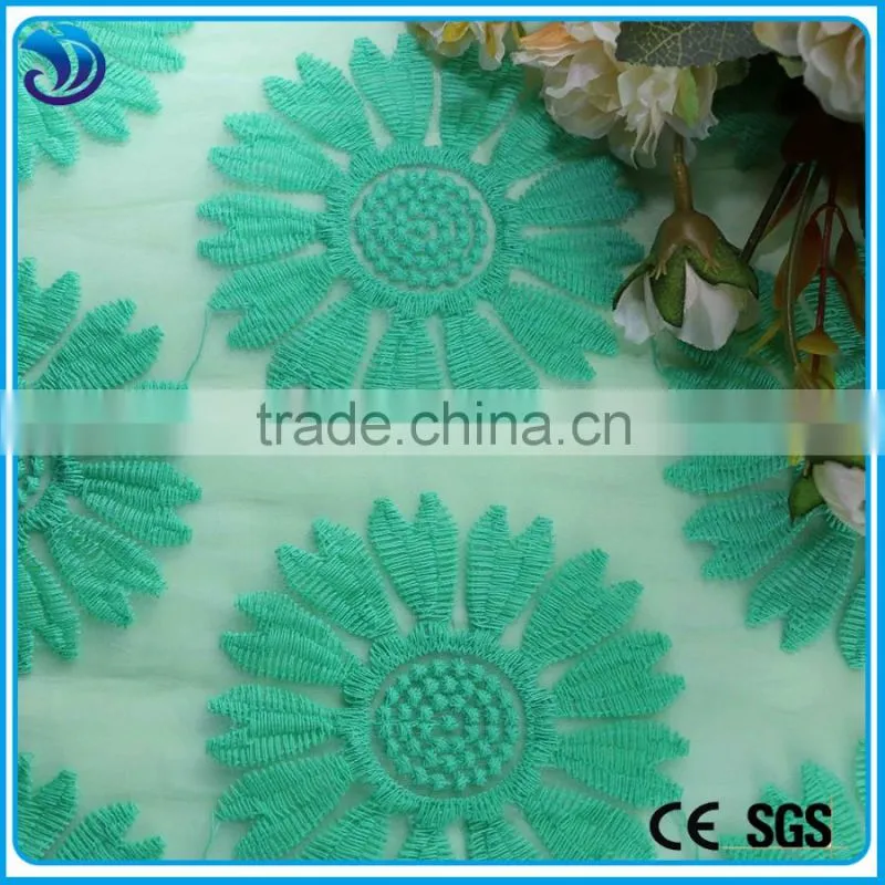 Organza Fabric with green floral embroidery/Polyester Organza fabric for summer dress