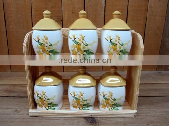 Yellow Flower Decal Ceramic 6 PCs Kitchen Spice Canisters with Wooden Stand