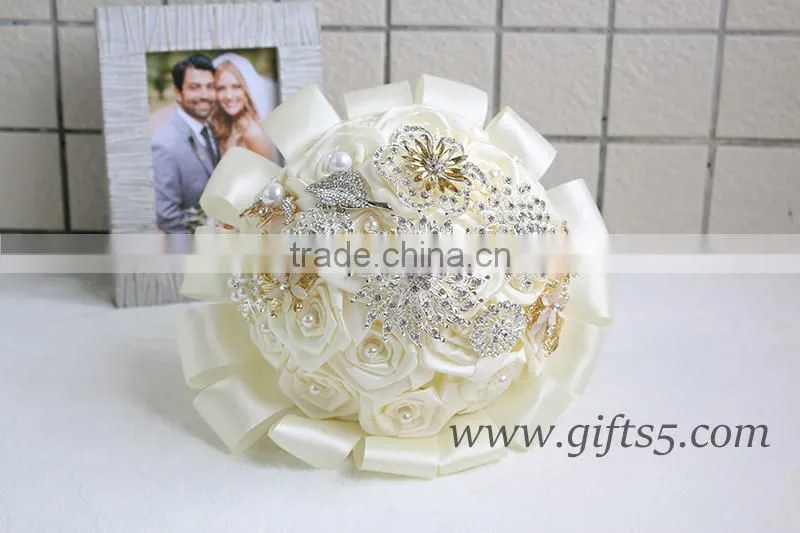 Luxurious White Silk Flowers Wedding Bouquets with beads, rhinestones, brooches