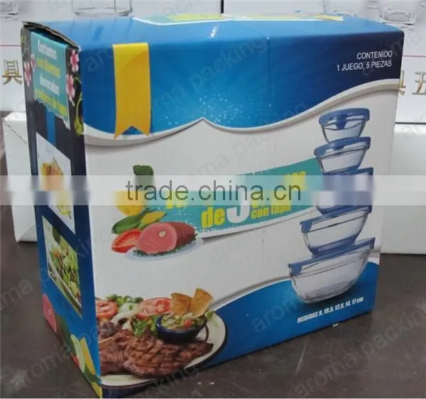 a set of five high quality glass bowl in gift box, glass crisper mixing bowl with color box
