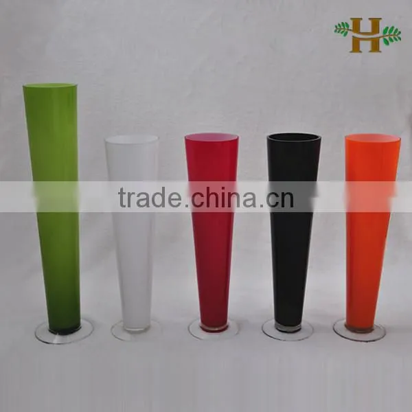 Colored tall cone shaped cylinder glass vase, handmade wedding use glassware with pinch bottom