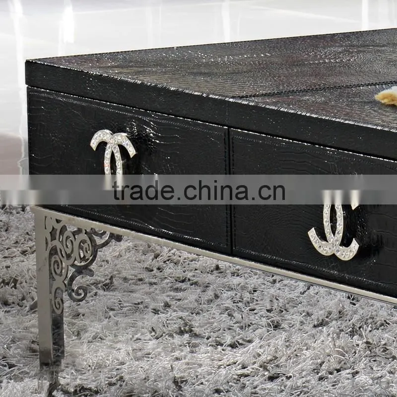2015 new arrival stainless steel legs black crocodile pu covering center coffee table