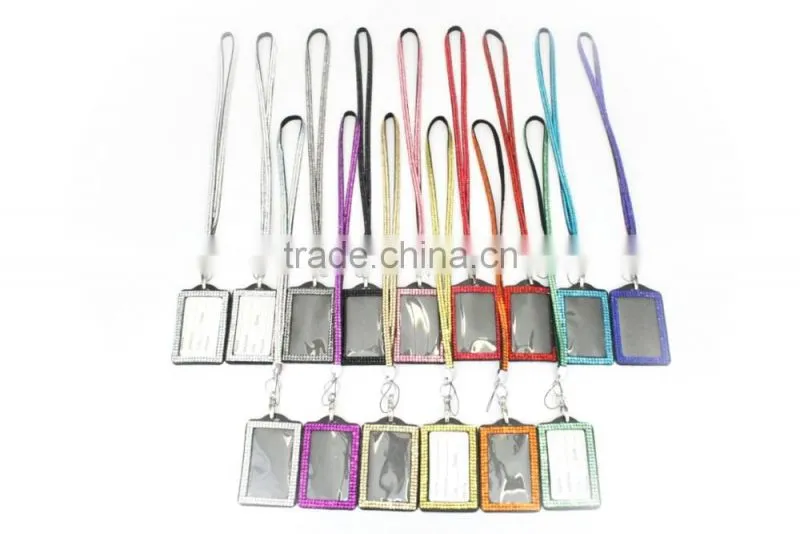 Pearl Style ID Holder with Rhinestone Lanyard, High Quality Promotion Gift PU Leather Badge Holder with Crystal Gem Decoration
