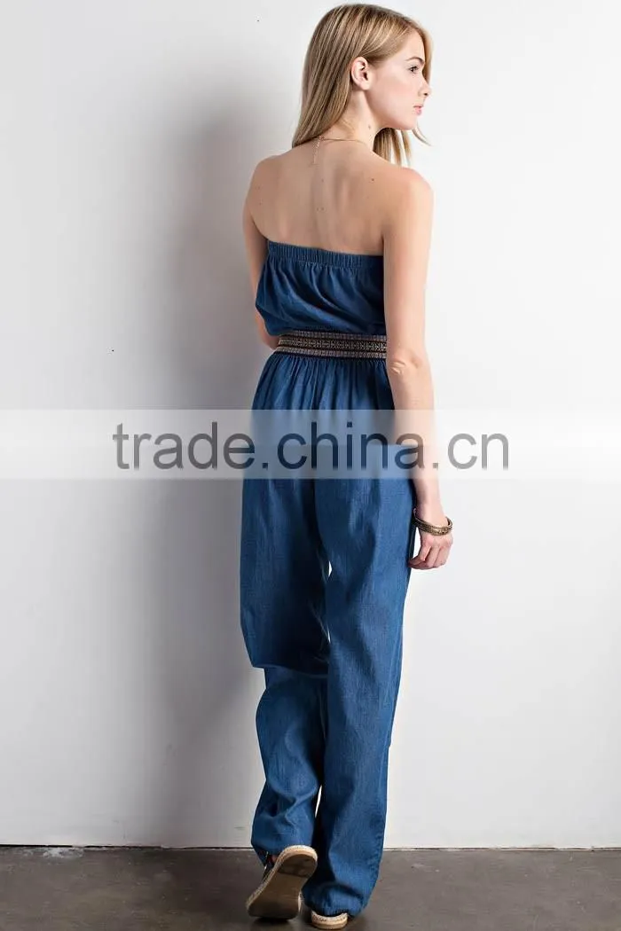 100% Cotton Solid Denim Woven Jumpsuit Elastic Waist Off Shoulder Plus Size Denim Jumpsuit Women