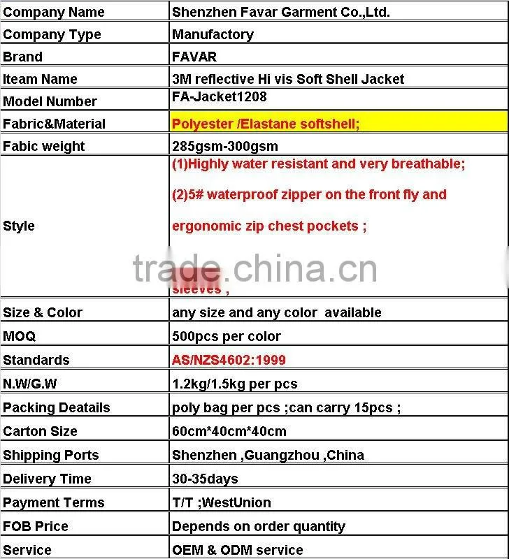 2012's 3M reflective Hi vis Soft Shell waterproof winter Jackets