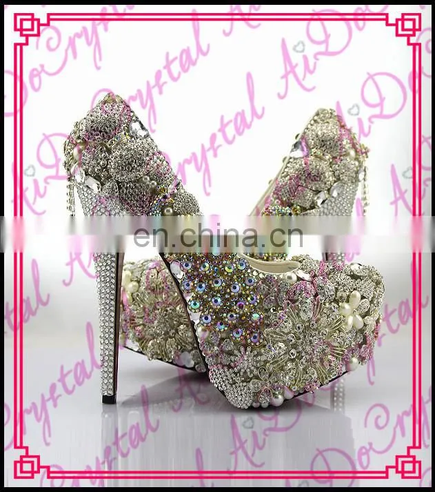 Aidocrystal Silver Rhinestone Women Pumps,Floral High Heels,Bridal Shoes