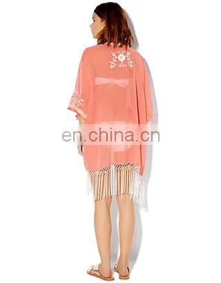 2015 MONOCHROME EMBROIDERED KIMONO Latest beach kimono soft polyester fabric embroidered kimono