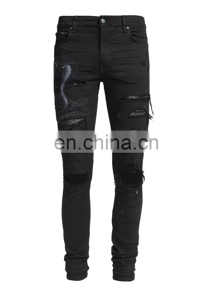 DiZNEW Guangzhou Factory Distressed Damage Embroidered Snakes Jeans Men