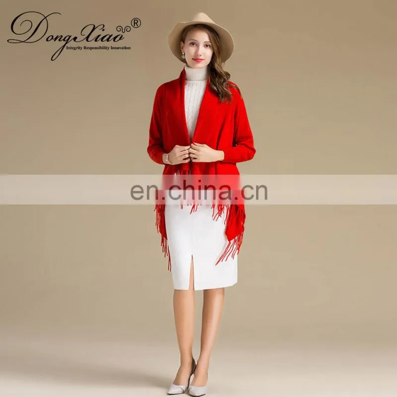Latest Design Ladies Poncho with Tassel Solid Color Long Sleeves Cashmere Knitted Sweater for Autumn Short Length with Logo Back