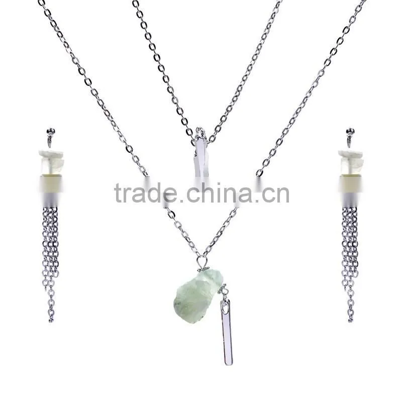 Fashion Gold Jewelry Chain Layered Gemstone Pendant Necklace Earring Set