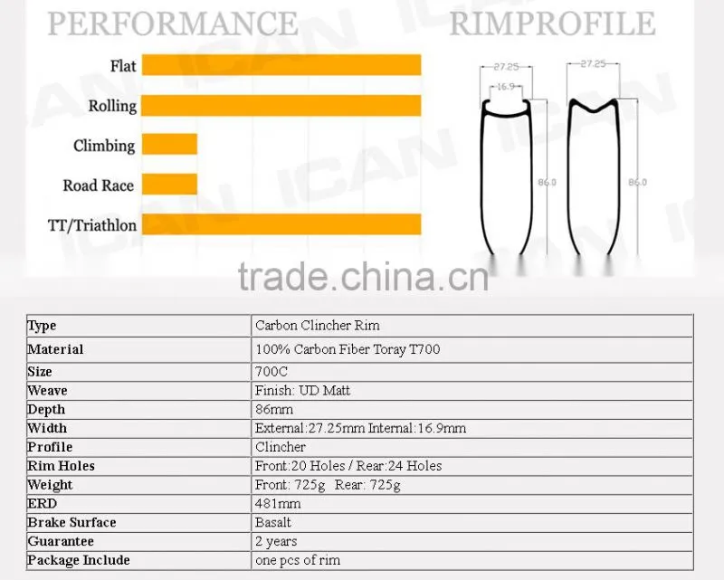 TT/Road carbon rims clincher rim wheel 86mm depth