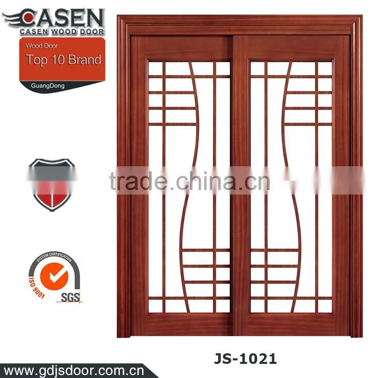 interior glass double swing entry door design with cherry solid wood