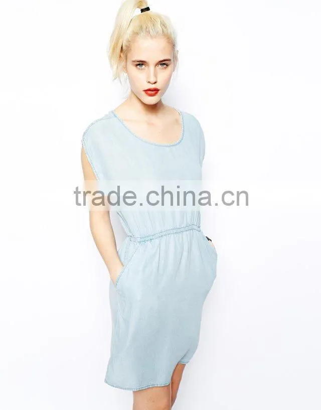 2015 fashion Hot Girl casual loose sleeveless denim round neck sexy mini summer dress
