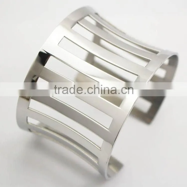 Stainless Steel Wide Plain Silver Flower Cuff Bangle Jewelry