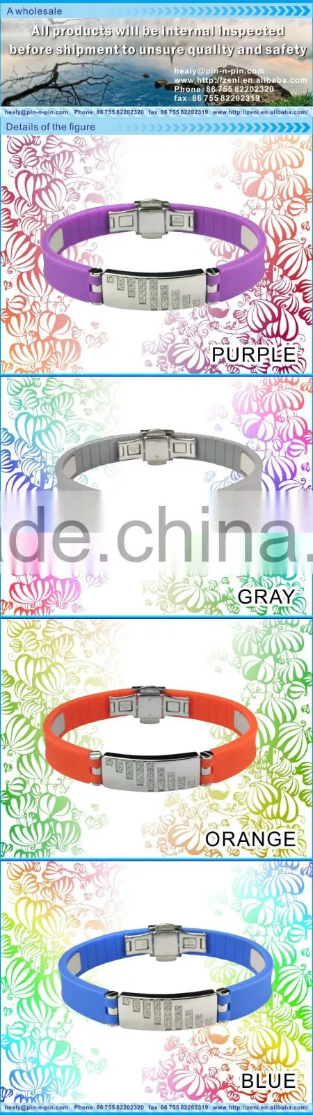 Fashion silicone 316L stainless steel energy bracelet for men