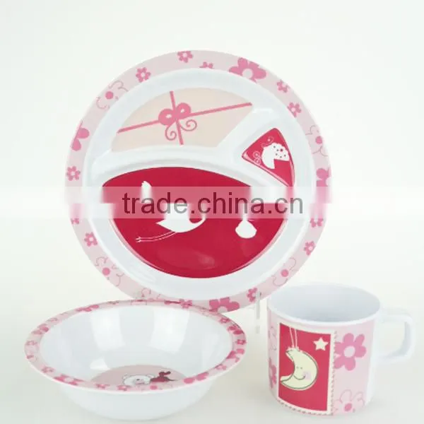 Hot sale melamine 3 pcs cute design divided dinnerware sets for kid
