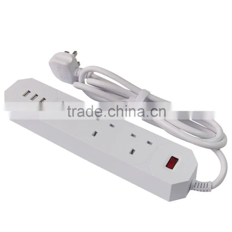 1.8meter White UK 3-Outlet USB Extension Socket with 3USB Charging Ports