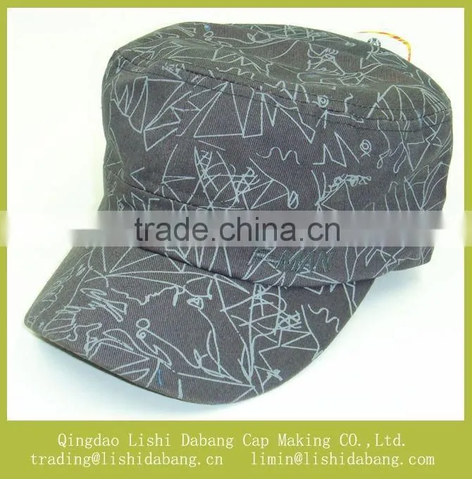 cotton twill printed army hat, scrawl flat top cap military hat
