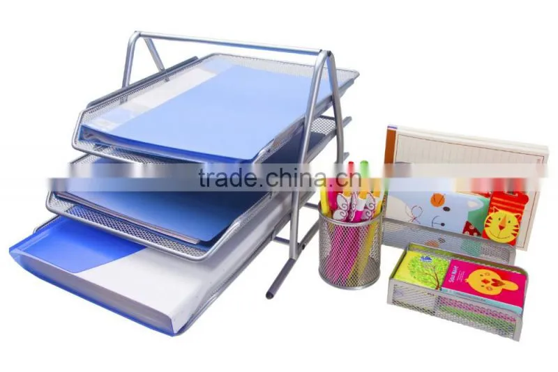 EasyPAG 4 in 1 Mesh Desk Organizer , 1 Document Letter Tray 1 Pencil Holder 1 Stick Note Holder 1 File Stacking Sorter , Sliver