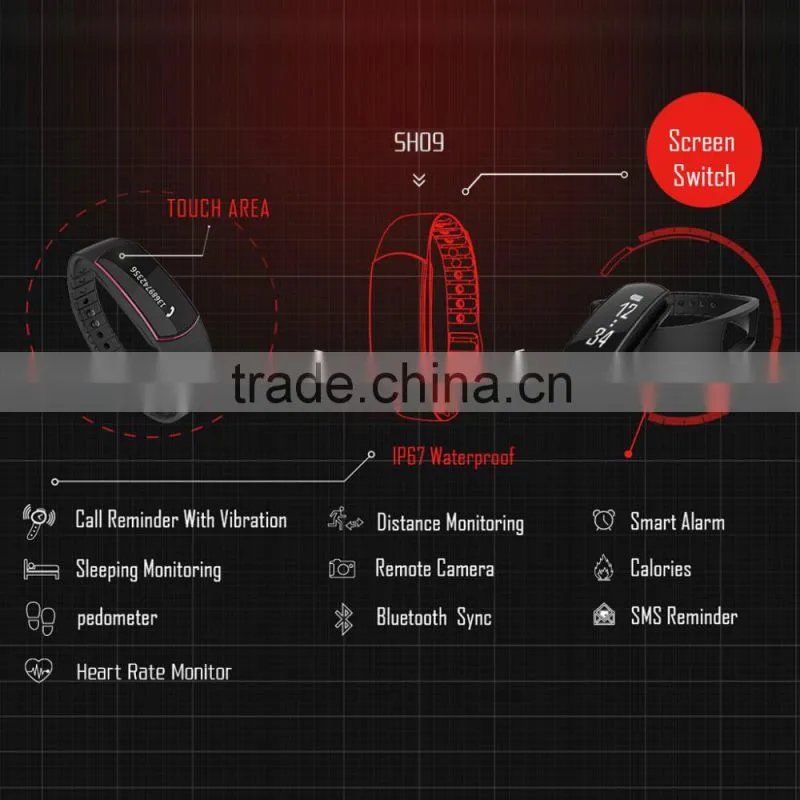 Bluetooth 4.0 Smart band Bracelet IP67 Heart Rate Monitor Sport Fitness Tracker SH09 for Android iOS smartphone