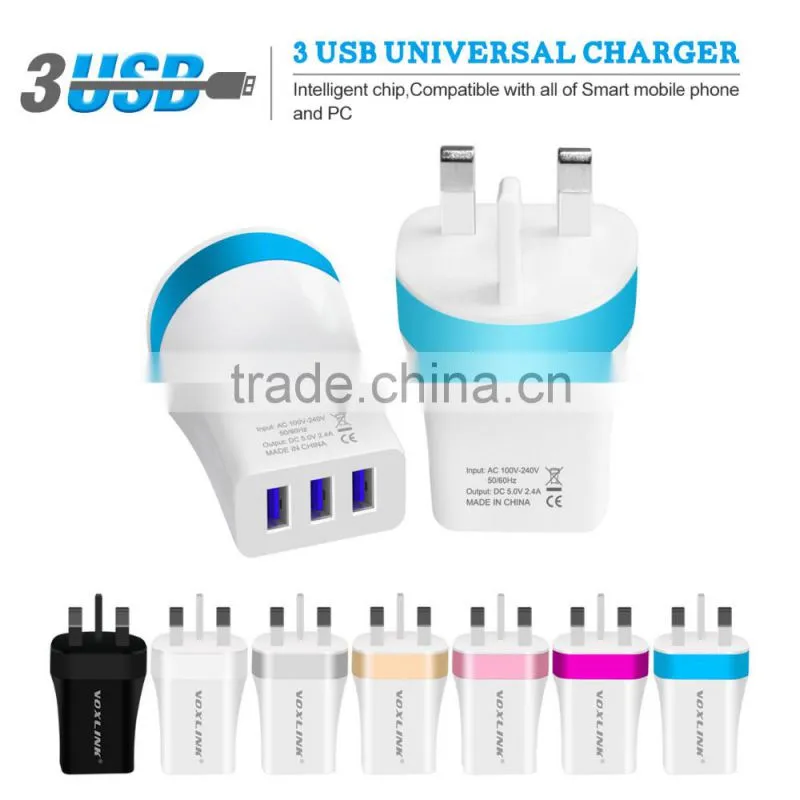 VOXLINK CE/FCC/ROHS certificates 5V 3.4A 3 USB ports wall charger with UK plug adapter