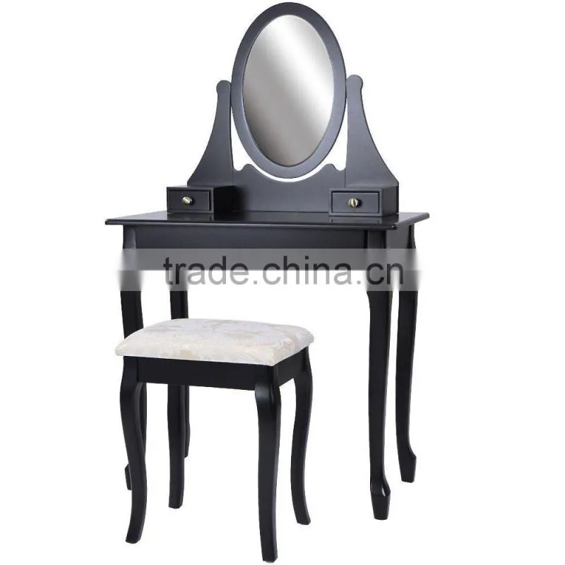 Black Vanity Makeup set with Stool & Mirror in Bedroom
