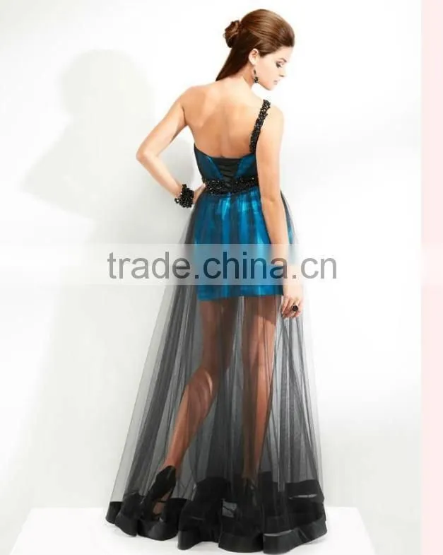 blue with black organza short cocktail dress