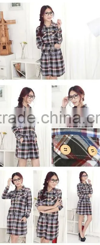 Womens big size Army green check long sleeve dress with two chest pockets and button up casual shirt