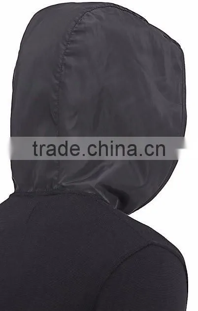 Black rib-knit virgin wool zip-front hoodie styled with tech-fabric elbow patches