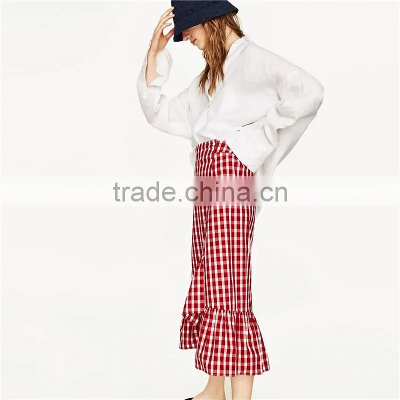 2017 newestFront button fastening red plaid skirt with frill detail