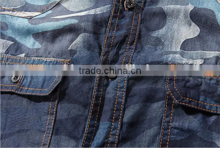 2016 Camouflage style men washed denim casual shirt