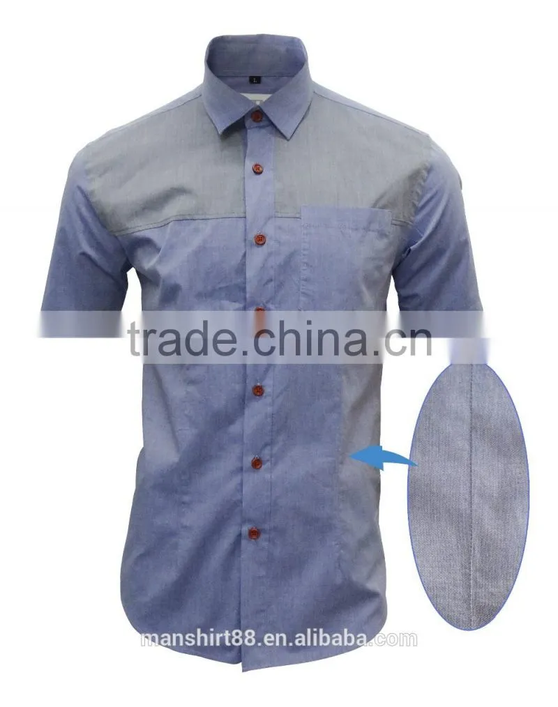 Chambray front contrast short sleeves men fit casual shirts for Summer