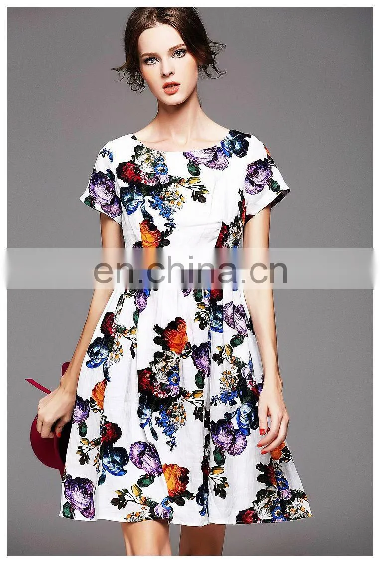 Ladies high quality short sleeve trendy dress with gathtering waist pretty print dress fashion