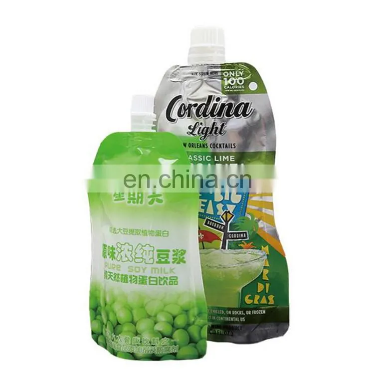Custom cheap price food grade stand up soy milk/juice/wine packaging spout pouch with tear note