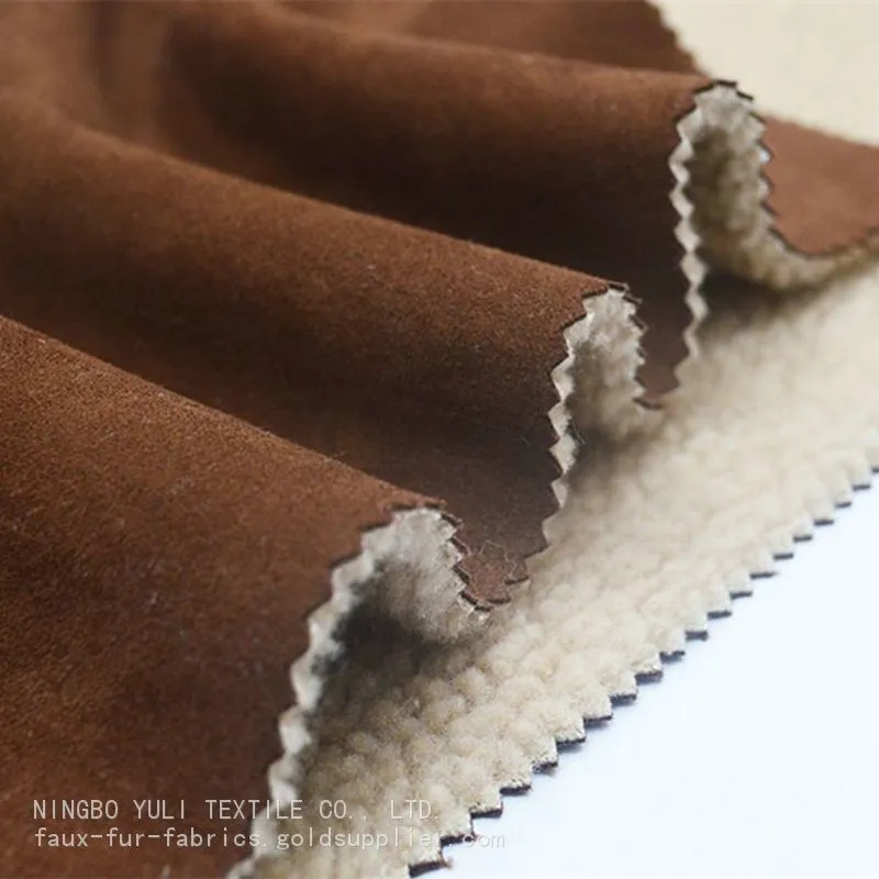 皮毛一体料麂皮绒布复合羊羔绒咖啡色服装面料 (1)