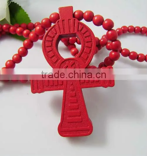 Wooden Cross Pendant with a 36 Inch Wood Beaded Necklace Chain