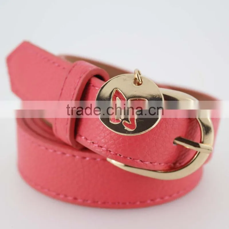 2015 fashion Pink PU leather women jeans belt with Gold buckles in YiWu
