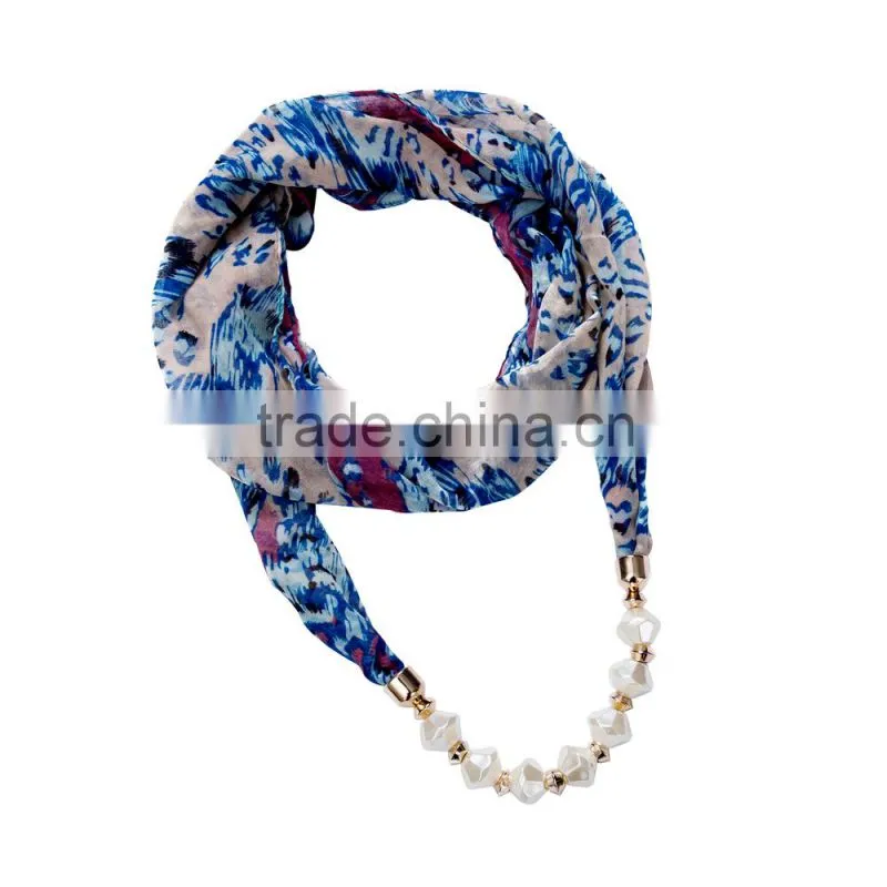 Shabby Chiffon Scarf necklace decorated with pearl beaded ornaments chain